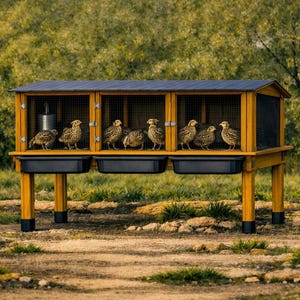 Op de afbeelding: Een houten kwarrelhok met een donkerblauw dak en drie aparte compartimenten. Elk compartiment herbergt meerdere kwartels. Het hok heeft zwarte bakken eronder en staat op gele poten met zwarte voeten.