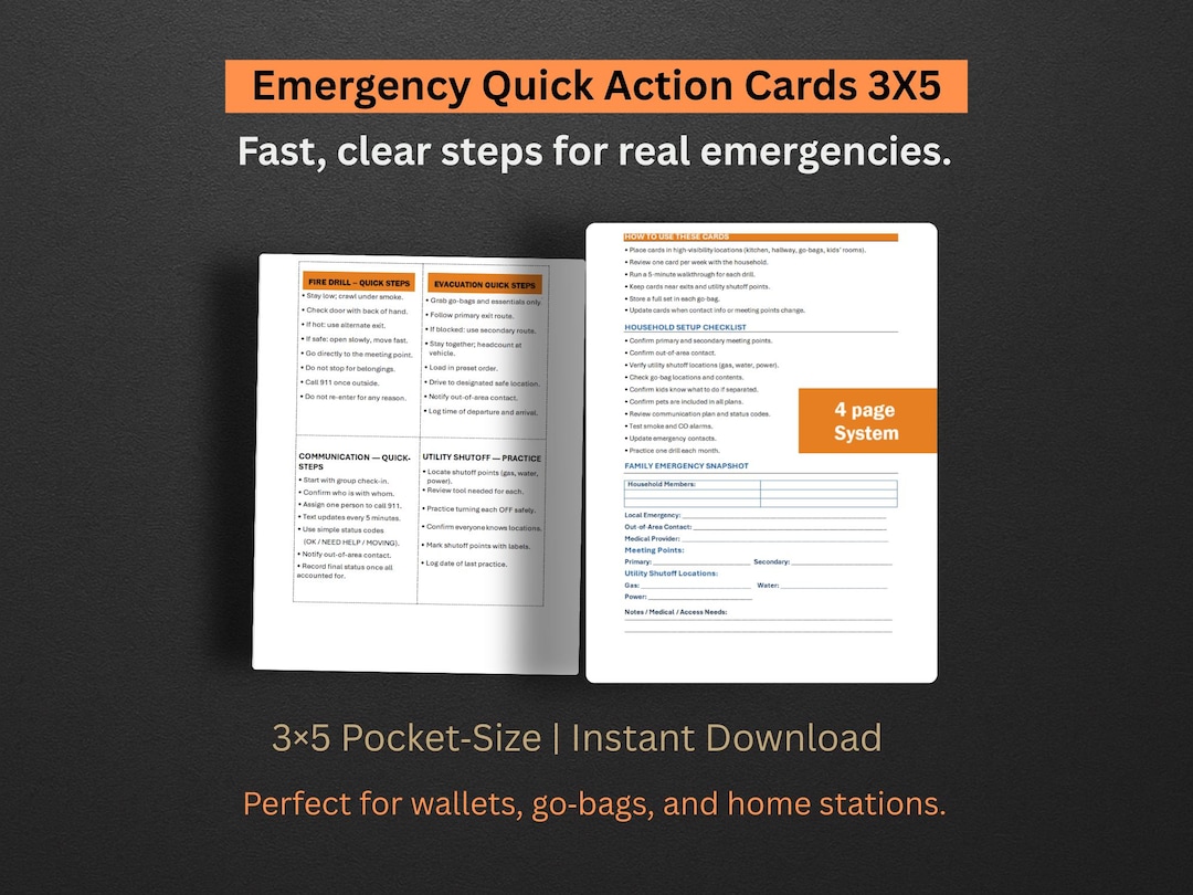 Emergency Quick Action Cards, 3x5 Disaster Preparedness Printables ...