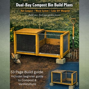May include: A wooden dual-bay compost bin with wire mesh sides, set on concrete blocks, and a shovel and pitchfork nearby. The image includes text that reads "Dual-Bay Compost Bin Build Plans" and "53 Page Build guide."
