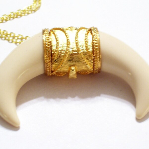 Tusk Pendant, Safari Perfume Locket, Rare Vintage Gold Lucite Horn Pendant Necklace, Revlon Moon Drops Perfume