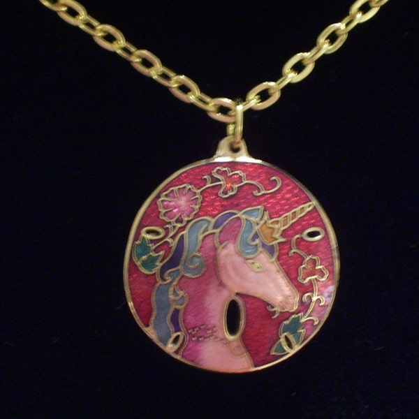 Unicorn Necklace, Vintage Red Guilloche Enamel Unicorn Medallion Pendant Necklace, Horse Pendant, Animal Jewelry