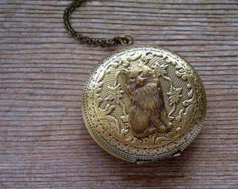 Huge Victorian Cat Locket, Cat Pill Case Pendant, Art Nouveau Brass Cat Locket, Embossed Locket Pill Box, Antiqued Brass Cat Locket Necklace