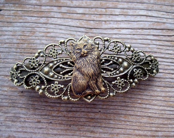 Victorian Cat Barrette, Brass Cat Barrette, Cat Hair Accessory, Large Antiqued Brass Cat Barrette, Brass Filigree Barrette, Feline Barrette