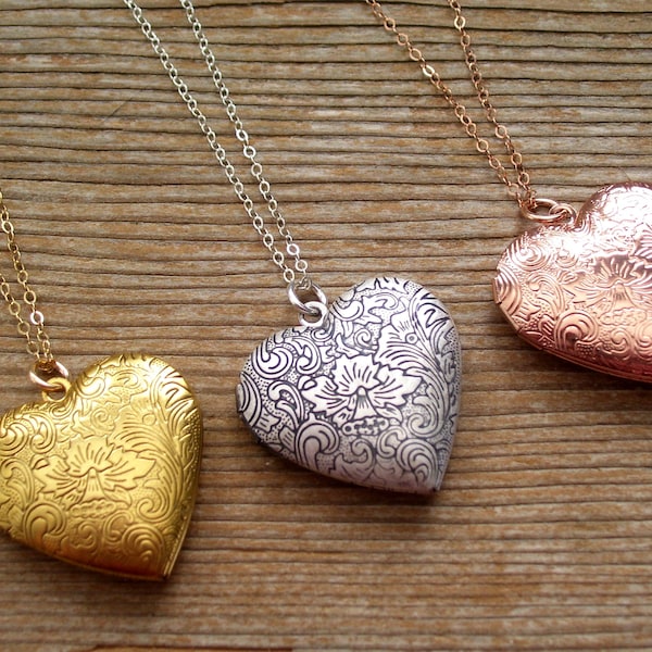 Heart Locket, Art Nouveau Floral Heart Locket, Silver Heart Locket,  Rose Gold Heart Locket, Sterling Silver or Gold Filled Chain