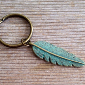 Turquoise Feather Keychain, Rustic Keychain, Verdigris Antiqued Brass Feather Key Chain, Unisex Keychain, Patina Feather, Woodland Keychain image 2