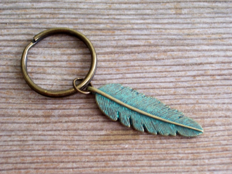 Turquoise Feather Keychain, Rustic Keychain, Verdigris Antiqued Brass Feather Key Chain, Unisex Keychain, Patina Feather, Woodland Keychain image 2