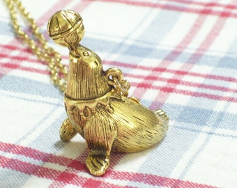 Seal Pendant, Rare Vintage Max Factor Performing Circus Seal, Gold Plated Perfume Locket Pendant Necklace, Animal Jewelry