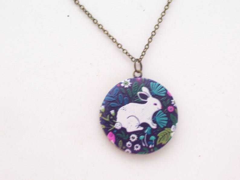 Bunny Rabbit Locket Photo Locket Art Image Locket Bunny Locket Pendant Necklace Round Brass Locket Floral Rabbit Locket Bunny Jewelry