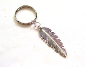 Antiqued Silver Feather Keychain, Bird Feather Keychain, Unisex Keychain, Large Feather Key Ring, Silver Feather Key Chain