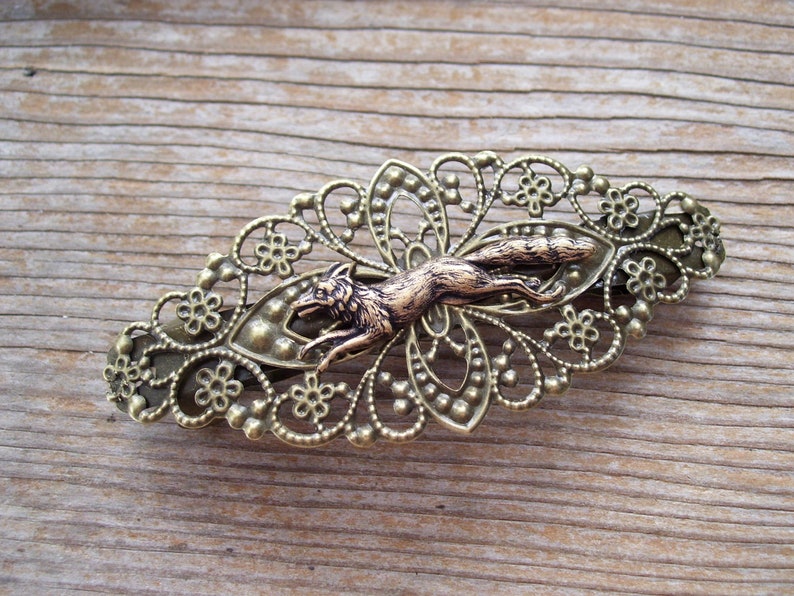 Brass Fox Barrette, Running Fox Barrette, Fox Hair Accessory, Large Antiqued Brass Fox Barrette, Brass Filigree Barrette image 3