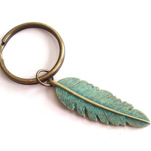 Turquoise Feather Keychain, Rustic Keychain, Verdigris Antiqued Brass Feather Key Chain, Unisex Keychain, Patina Feather, Woodland Keychain image 1