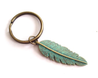 Turquoise Feather Keychain, Rustic Keychain, Verdigris Antiqued Brass Feather Key Chain, Unisex Keychain, Patina Feather, Woodland Keychain