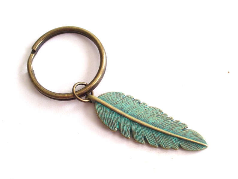 Turquoise Feather Keychain, Rustic Keychain, Verdigris Antiqued Brass Feather Key Chain, Unisex Keychain, Patina Feather, Woodland Keychain image 1