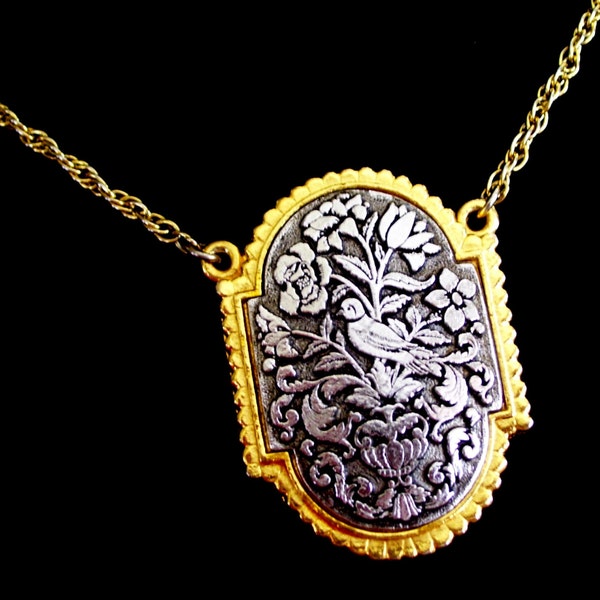 Art Deco Bird Locket Pendant, Vintage Perfume Locket, Statement Necklace, Gold Silver Floral Art Nouveau Pendant, Two Tone Locket