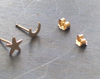 14K Gold Filled Moon Star Earrings, Tiny Gold Moon Star Studs, Star Crescent Moon Studs Earrings, 14K GF Earrings, Celestial Earrings