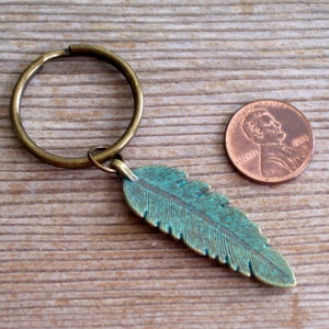 Turquoise Feather Keychain, Rustic Keychain, Verdigris Antiqued Brass Feather Key Chain, Unisex Keychain, Patina Feather, Woodland Keychain image 3