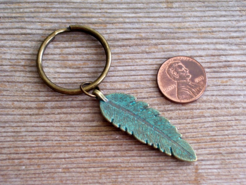 Turquoise Feather Keychain, Rustic Keychain, Verdigris Antiqued Brass Feather Key Chain, Unisex Keychain, Patina Feather, Woodland Keychain image 3