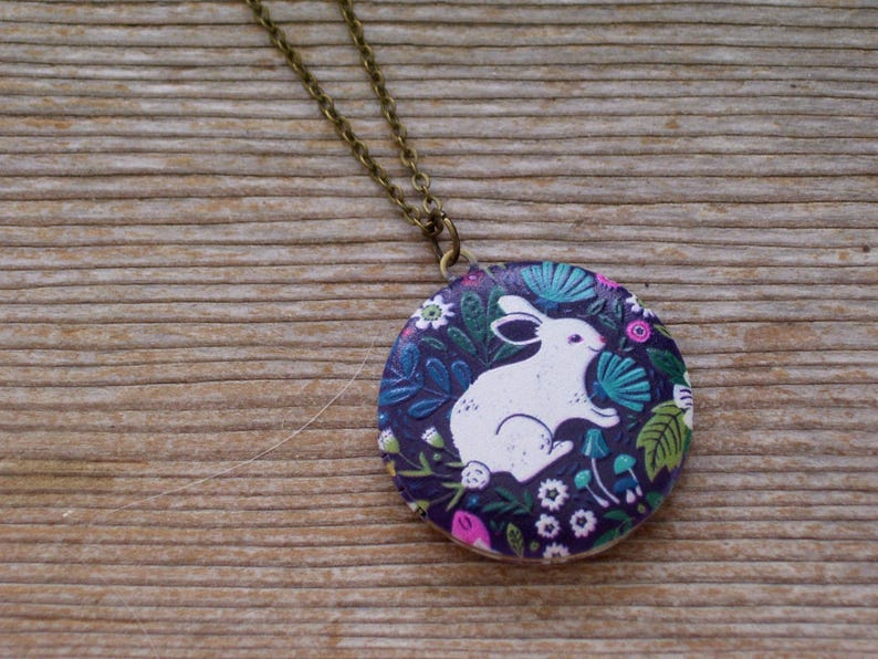Bunny Rabbit Locket Photo Locket Art Image Locket Bunny Locket Pendant Necklace Round Brass Locket Floral Rabbit Locket Bunny Jewelry