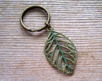 Teal Verdigris Leaf Keychain, Patina Antiqued Brass Filigree Leaf, Unisex Keychain, Patina Leaf Key Ring, Woodland Key Chain, Nature Lover