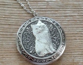 Large Silver Cat Locket, Antiqued Silver Locket, Embossed Victorian Cat Floral Locket Pendant Necklace, Bright Silver Locket, Cat Jewelry