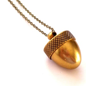 May include: A gold acorn pendant necklace with a detailed, textured cap and a smooth, rounded body. The chain is a simple, linked style.