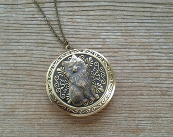 Large Brass Cat Locket, Victorian Cat Locket Necklace, Bronze Cat Pendant, Cat Jewelry, Cat Necklace, Floral Cat Locket