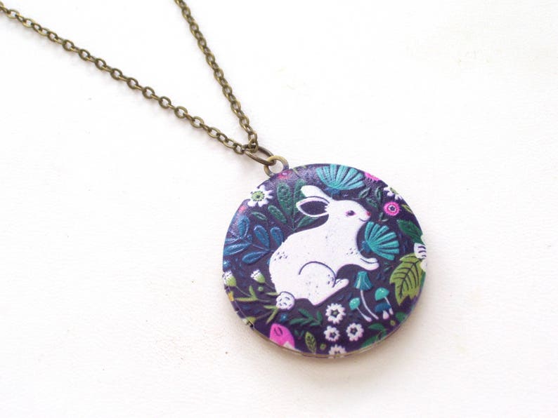 Bunny Rabbit Locket Photo Locket Art Image Locket Bunny Locket Pendant Necklace Round Brass Locket Floral Rabbit Locket Bunny Jewelry