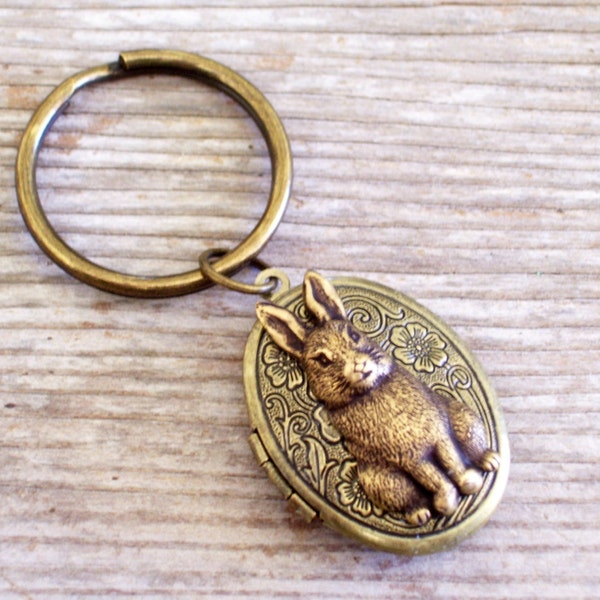 Rabbit Locket Keychain, Brass Floral Locket, Flower Locket, Bunny Locket, Oval Brass Locket, Antiqued Brass Plated Key Ring