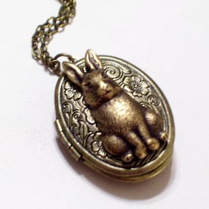 Rabbit Locket, Bunny Locket, Floral Locket, Brass Bunny Locket, Easter Rabbit, Oval Brass Locket Pendant, Antiqued Brass Rabbit Necklace image 2