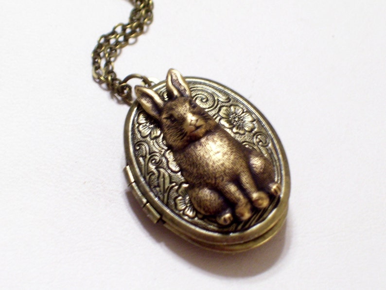 Rabbit Locket, Bunny Locket, Floral Locket, Brass Bunny Locket, Easter Rabbit, Oval Brass Locket Pendant, Antiqued Brass Rabbit Necklace image 2