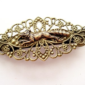 Brass Fox Barrette, Running Fox Barrette, Fox Hair Accessory, Large Antiqued Brass Fox Barrette, Brass Filigree Barrette image 1