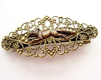 Brass Fox Barrette, Running Fox Barrette, Fox Hair Accessory, Large Antiqued Brass Fox Barrette, Brass Filigree Barrette