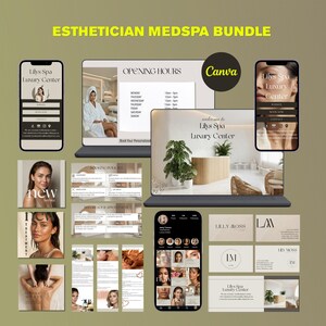 Può includere: Un pacchetto di marketing digitale per un medspa estetico, con uno smartphone, un laptop e un tablet che mostrano il marchio e i servizi della spa. Include biglietti da visita, post di Instagram e materiali promozionali. Il testo recita "Esthetician Medspa Bundle" e "Lily's Spa Luxury Center."
