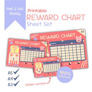 Pode incluir: Conjunto de folhas de recompensa imprimíveis nos tamanhos A3, A4 e A5. Os gráficos rosa apresentam detalhes em azul, personagens de desenhos animados e um rastreador de tarefas semanal. O texto "REWARD CHART" é exibido.