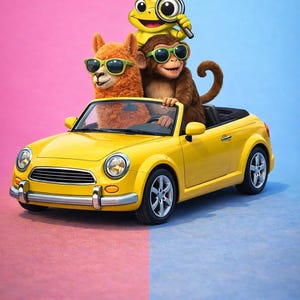 Puede incluir: Ilustración caprichosa de un coche descapotable amarillo con tres animales de pasajeros. Un mono marrón conduce, una llama está en el asiento del pasajero y una rana con una lupa va encima. Todos los animales llevan gafas de sol.