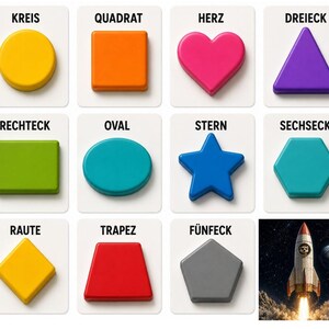 May include: A set of colorful geometric shape cards, including a yellow circle, orange square, pink heart, purple triangle, green rectangle, teal oval, blue star, and a teal hexagon. Also included are a yellow diamond, red trapezoid, gray pentagon, and a rocket ship illustration.