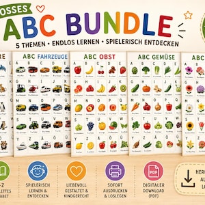 May include: A digital educational bundle featuring five alphabet posters titled ABC TIERE, ABC FAHRZEUGE, ABC OBST, ABC GEMÜSE, and ABC BLUMEN. Each poster displays letters A through Z with corresponding illustrations of animals, vehicles, fruits, vegetables, and flowers.