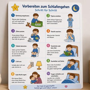 Könnte beinhalten: Ein weißes rechteckiges Poster mit dem Titel Vorbereiten zum Schlafengehen Schritt für Schritt, das zehn nummerierte Illustrationen einer Schlafenszeit-Routine zeigt. Jeder Schritt enthält ein Cartoon-Kind, das Aufgaben wie Aufräumen und Zähneputzen ausführt.