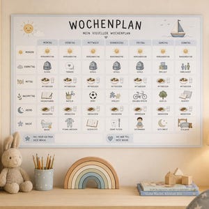May include: A rectangular wall chart titled WOCHENPLAN with a grid layout for seven days of the week. It features icons for daily activities like school, meals, and bedtime, with a sun and sailboat illustration at the top in a light blue and white color scheme.