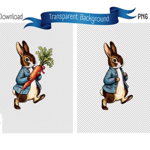 Könnte beinhalten: Aquarell-Illustration eines braunen Kaninchens mit blauem Jackett, das eine Karotte mit grünen Blättern und rotem Band hält. Der Text "Digital Download" und "Transparent Background" ist enthalten.