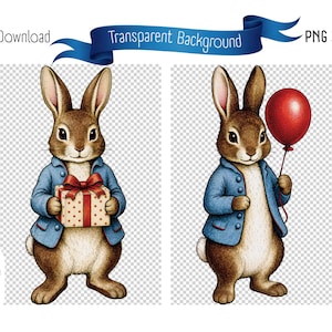 Puede incluir: Dos ilustraciones digitales de un conejo marrón con una chaqueta azul. Uno sostiene una caja de regalo con un lazo rojo, el otro un globo rojo. Las palabras "Descarga digital" y "Fondo transparente" están en la parte superior.