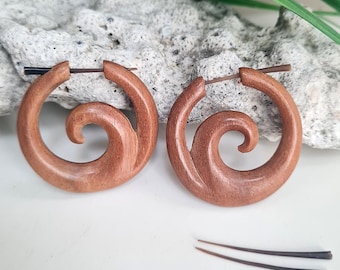 Hand Carved Organic Wood Tribal Spiral Design Earrings with Horn Pin