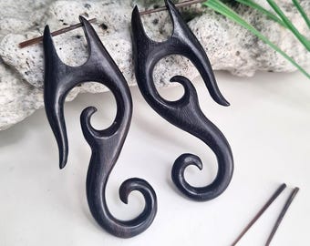 Hand Carved Organic Wood Tribal Design Earrings with Horn Pin