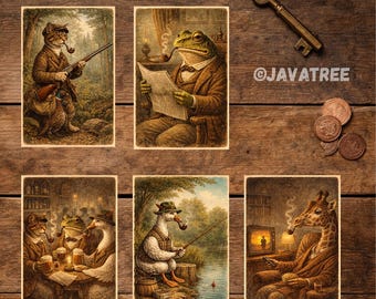 Set met 5 ansichtkaarten vintage illustratie van dieren met rookpijp