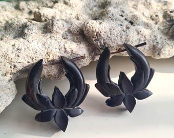 Hand Carved Organic Wood Floral Design Earrings with Horn Pin