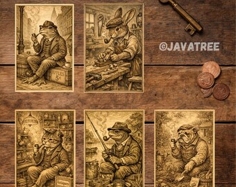 Set met 5 ansichtkaarten vintage illustratie van dieren met rookpijp