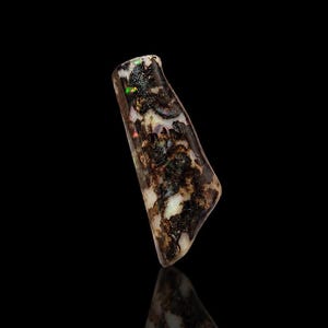 May include: A polished, elongated gemstone with a mix of black, brown, and white patterns. The stone has iridescent flashes of green and other colors. The surface is smooth and reflective, set against a black background.