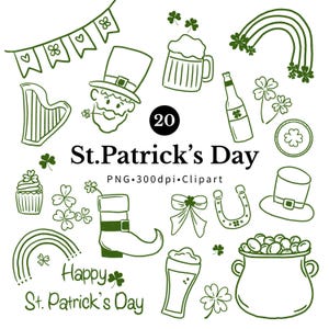 Op de afbeelding: Een verzameling groene lijntekeningen met het thema St. Patrick's Day. Bevat een leprechaun, bier, een regenboog, een pot met goud, een hoefijzer en de tekst "St. Patrick's Day".
