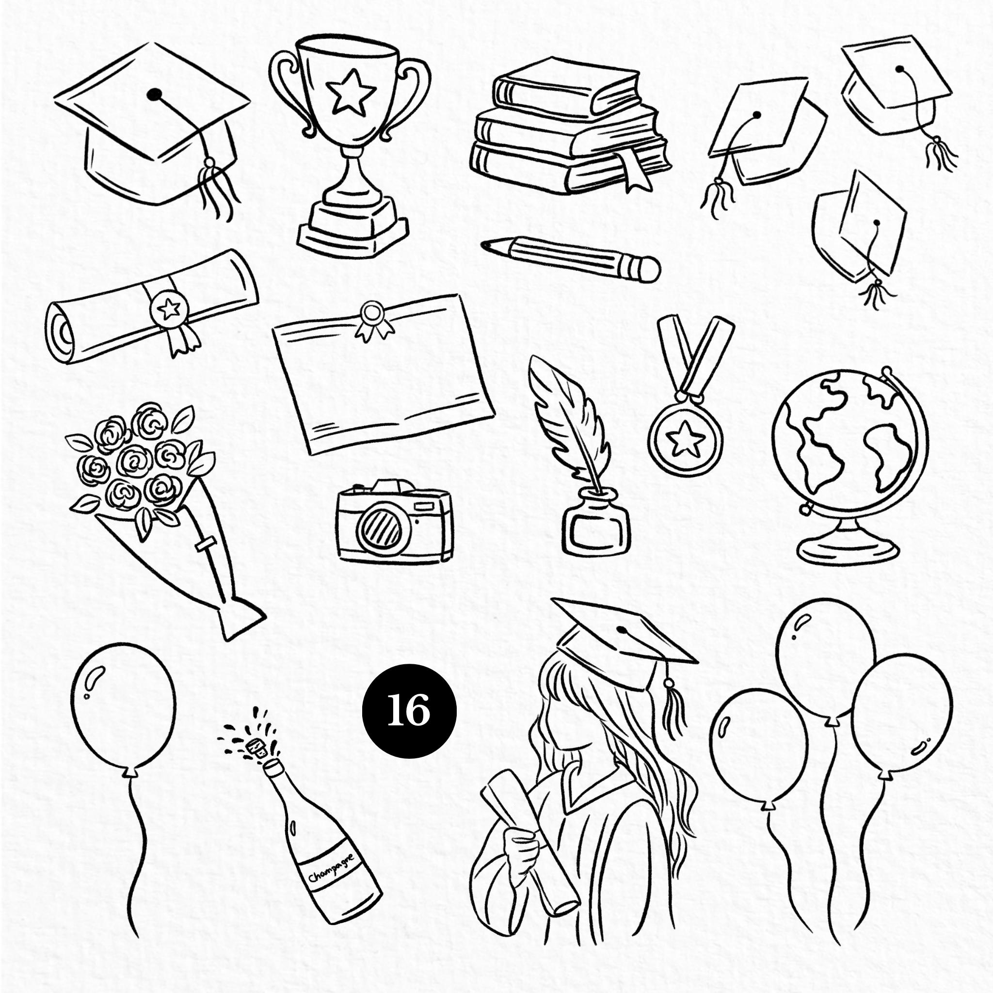 Hand Drawn Graduation Doodle Clipart, 38 PNG Bundle, Ink Sketch Line ...