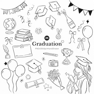 May include: A collection of black and white hand-drawn illustrations with a graduation theme. Features mortarboards, diplomas, balloons, a trophy, books, a globe, and a champagne bottle. The word "Graduation" is displayed prominently.